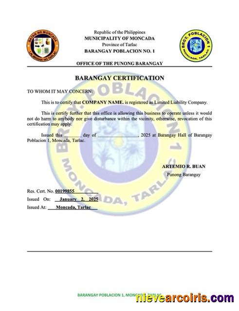Philippines Barangay certification of registration